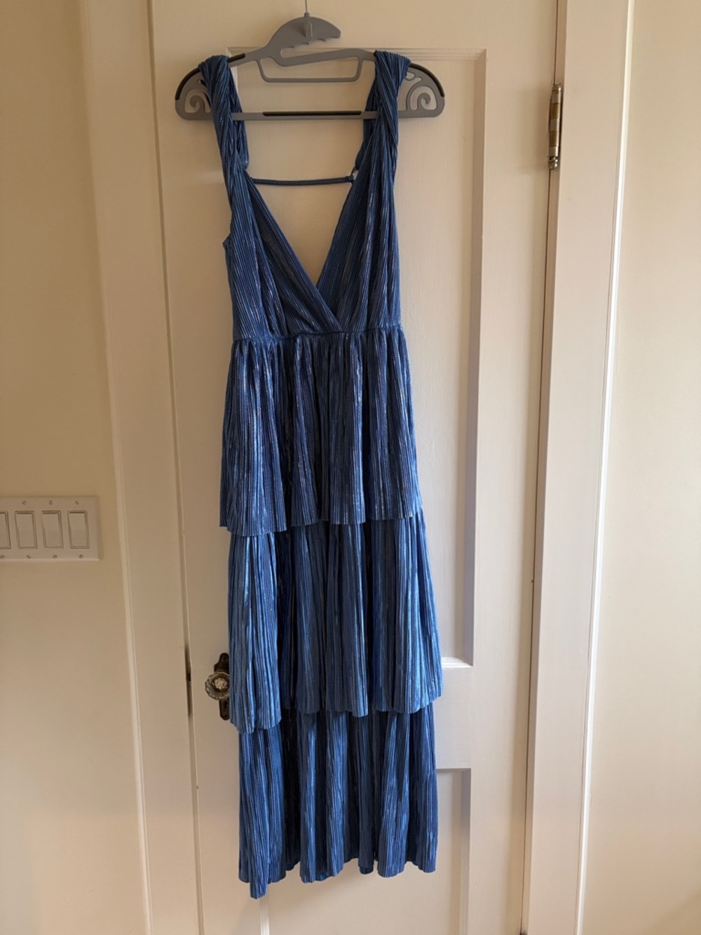 Sabina Musayev Blue Tiered Maxi Dress | V-Neck Flowy Formal Wedding Guest